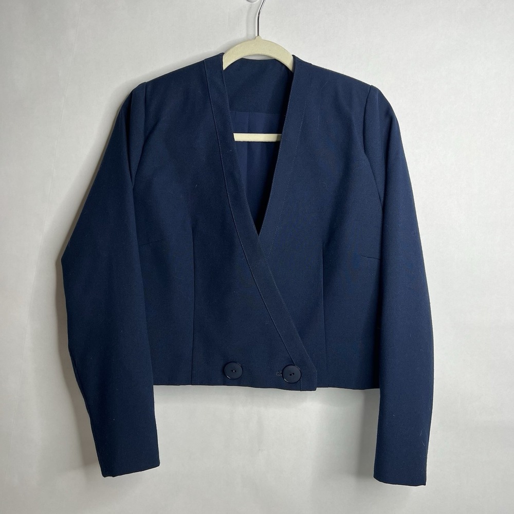 Vintage Unbranded Blazer Womens Size Small Navy Blue Cropped Wool Jacket Buttons